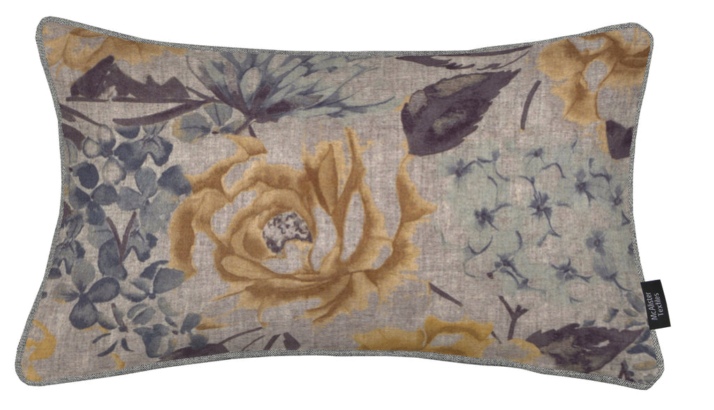 McAlister Textiles Blooma Blue, Grey and Ochre Floral Cushion Cushions and Covers 