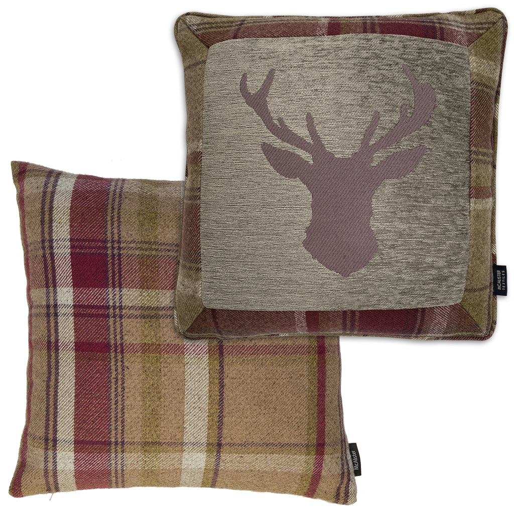 McAlister Textiles Stag Purple + Green Tartan 43cm x 43cm Cushion Set Cushions and Covers Set of 2 cushions 