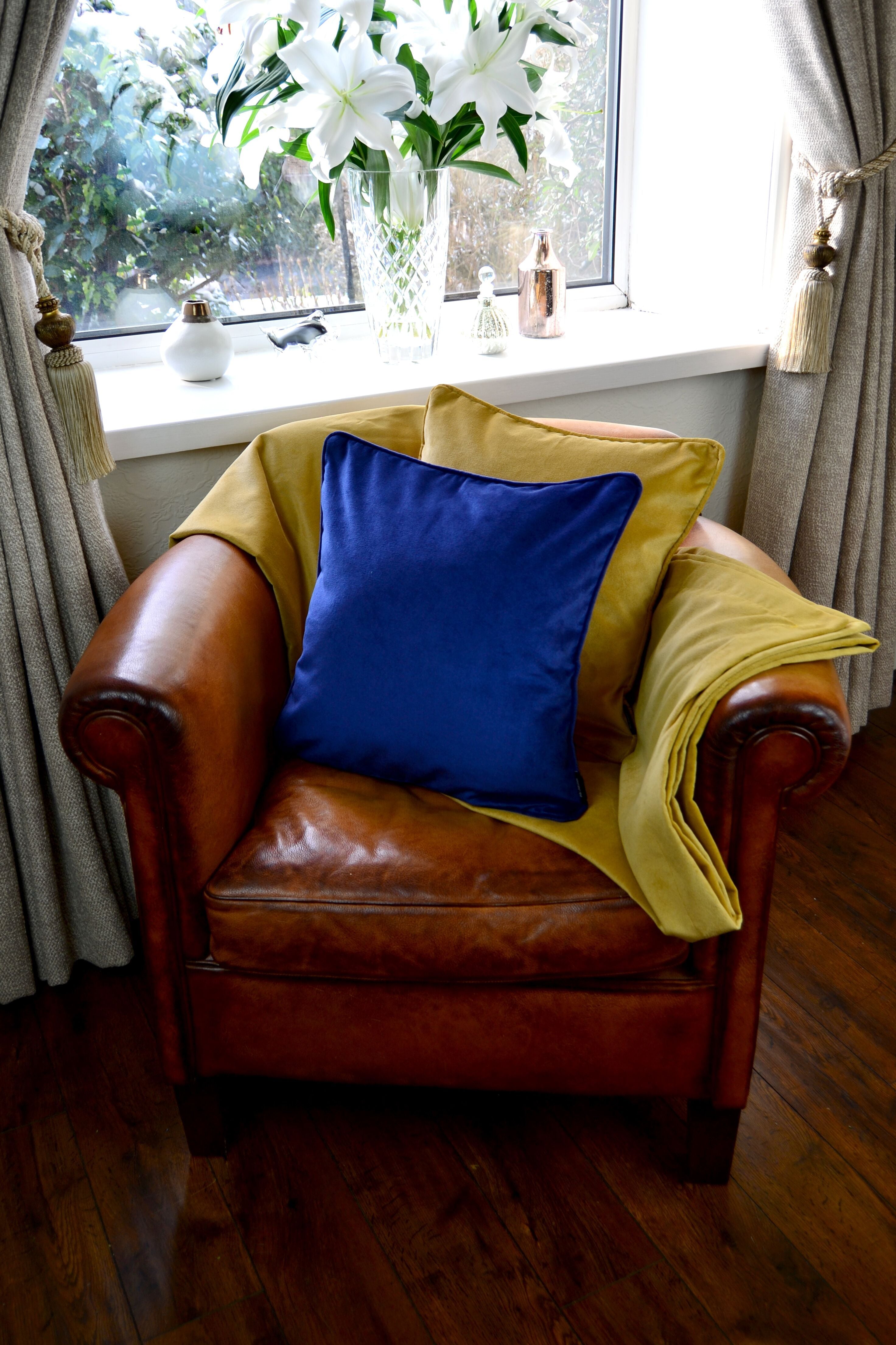 McAlister Textiles Matt Ochre Yellow Velvet 43cm x 43cm Piped Cushion Sets Cushions and Covers 