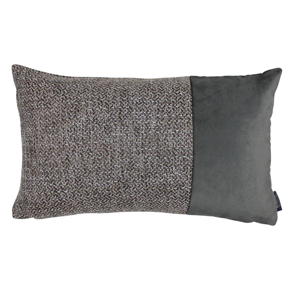 McAlister Textiles Lewis Velvet Border Tweed Pillow Grey Heather and Charcoal Pillow Cover Only 50cm x 30cm 