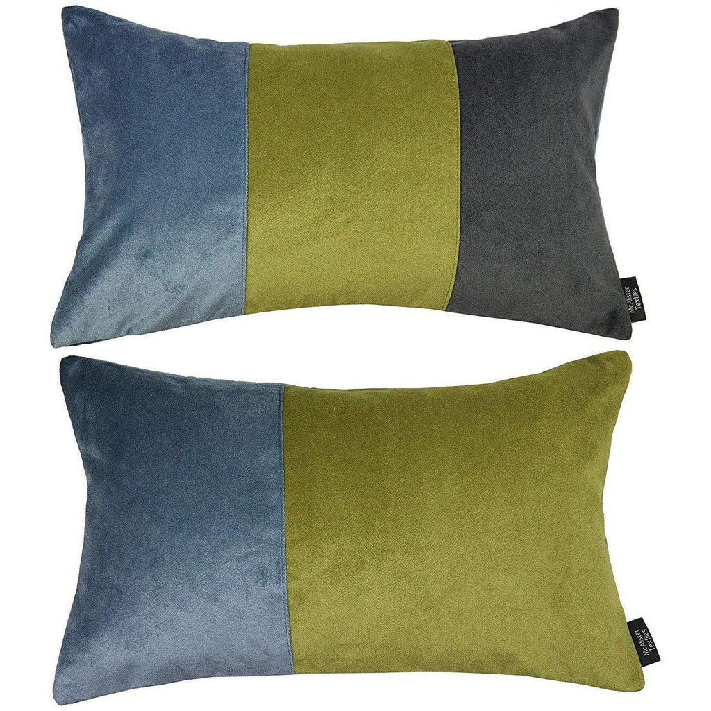 McAlister Textiles Patchwork Velvet Blue, Green + Grey Pillow Set Pillow Set of 2 Cushion Covers 