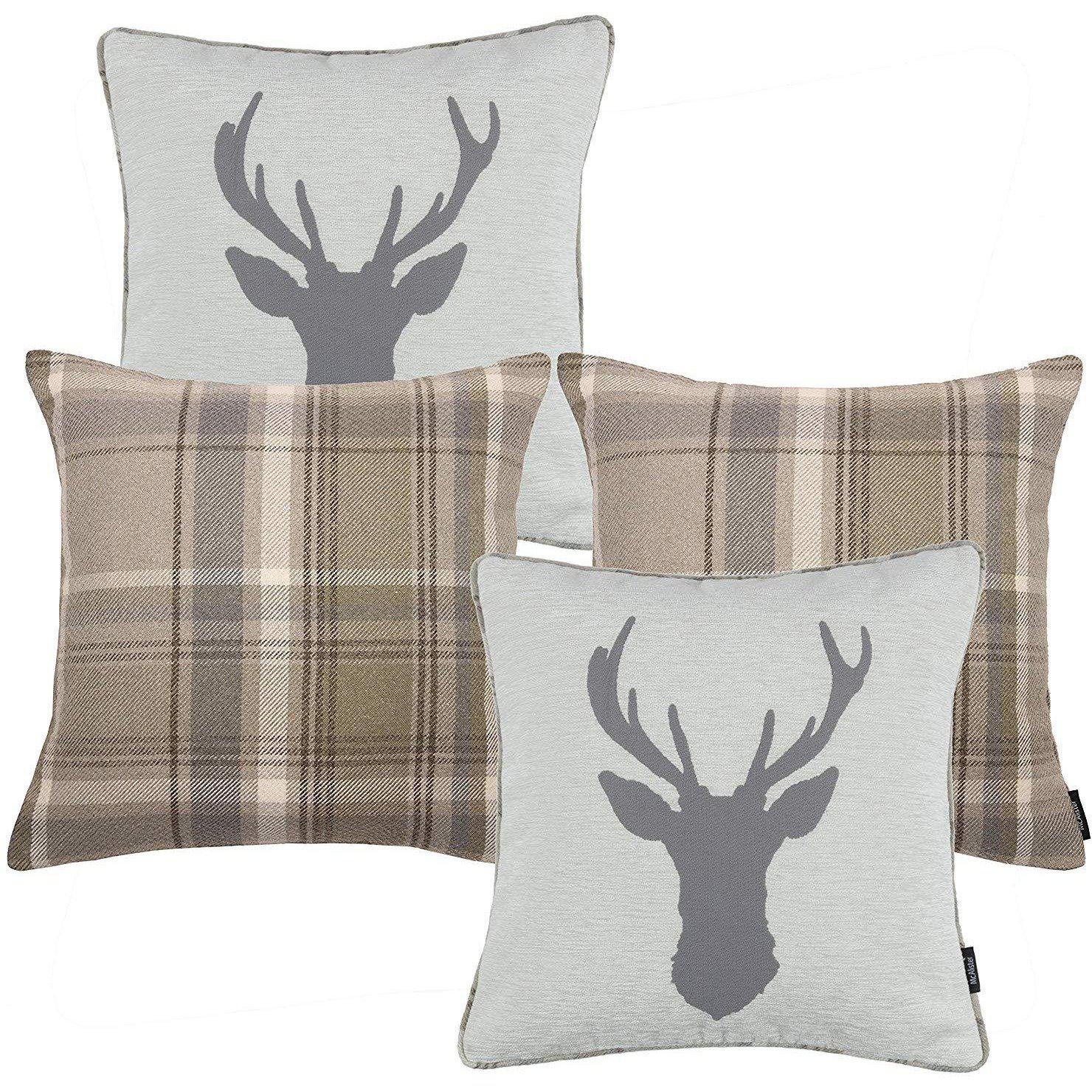 McAlister Textiles Stag Beige Grey Tartan 43cm x 43cm Cushion Set Cushions and Covers Set of 2 cushions 