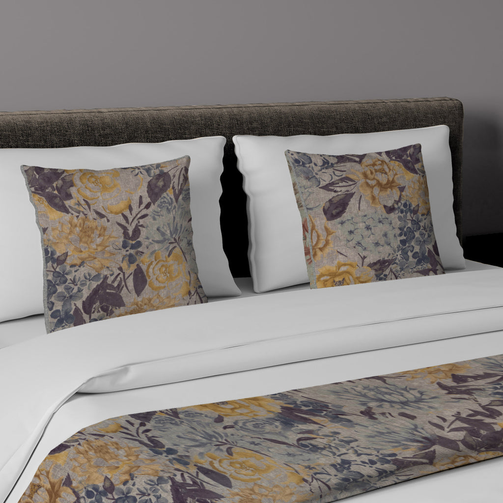 McAlister Textiles Blooma Blue, Grey and Ochre Floral Bedding Set Bedding Set Runner (50x165cm) + 1x Cushion Cover 