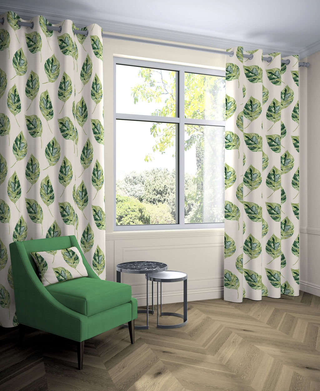 McAlister Textiles Leaf Forest Green Floral Cotton Print Curtains Tailored Curtains 