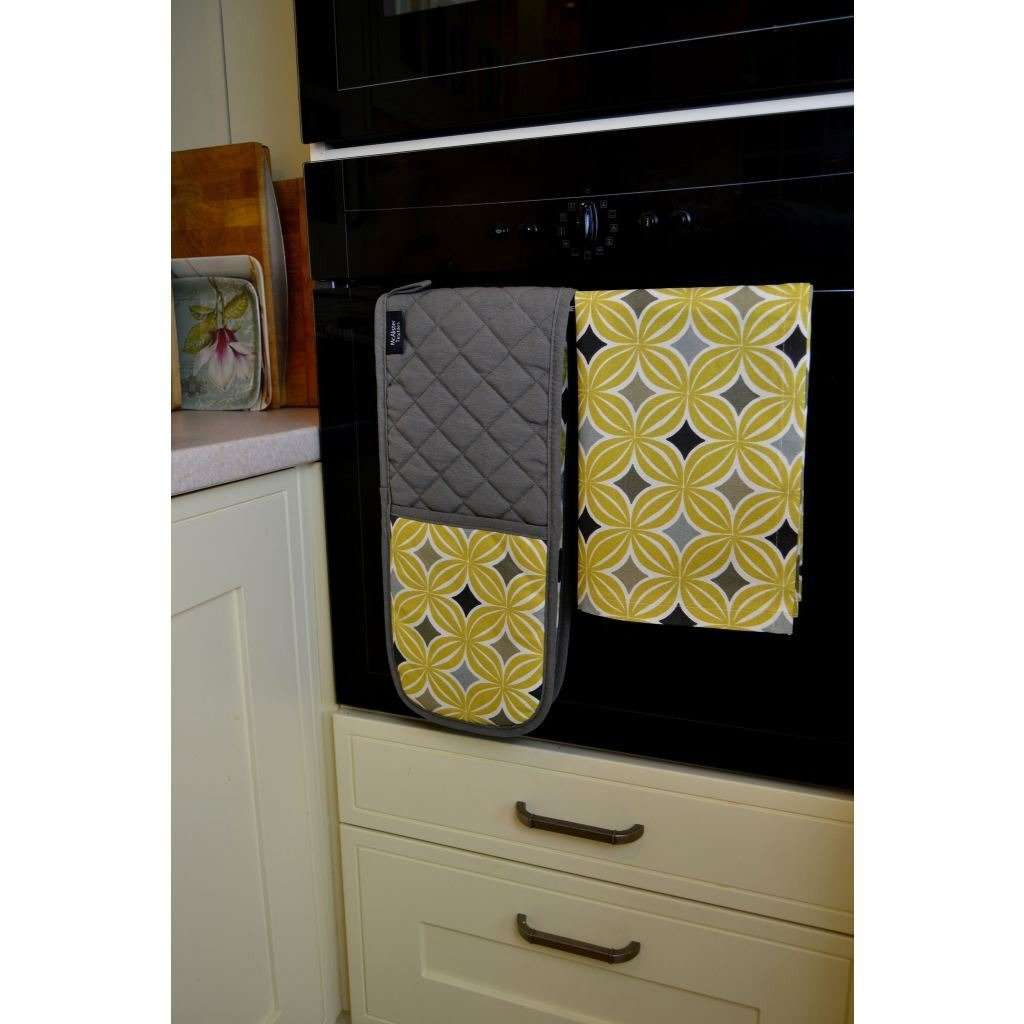 Suits Double Oven Glove, oven mitt with a mustard yellow and grey pattern,  fabric pot holder made in the UK