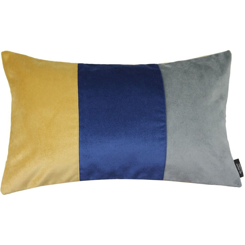 McAlister Textiles 3 Colour Patchwork Velvet Navy Blue, Yellow + Grey Pillow Pillow Cover Only 50cm x 30cm 