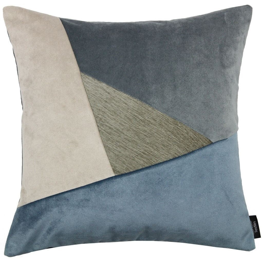 McAlister Textiles Triangle Patchwork Velvet Blue, Gold + Grey Cushion Cushions and Covers Cover Only 43cm x 43cm 
