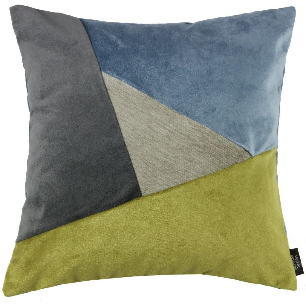 McAlister Textiles Triangle Patchwork Velvet Blue, Green + Grey Cushion Cushions and Covers Cover Only 43cm x 43cm 