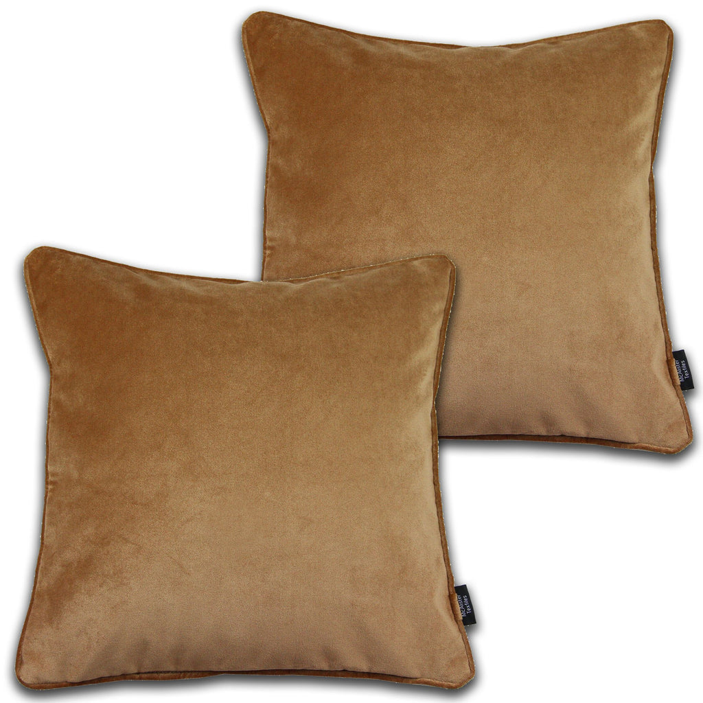 McAlister Textiles Matt Caramel Gold Velvet 43cm x 43cm Piped Cushion Sets Cushions and Covers Cushion Covers Set of 2 