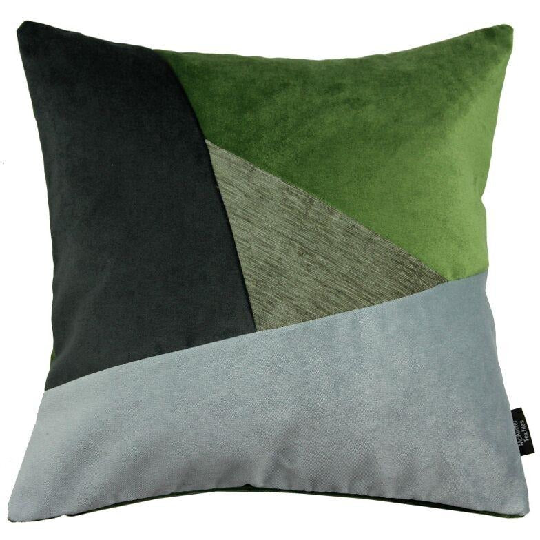 McAlister Textiles Triangle Patchwork Velvet Green, Silver + Grey Cushion Cushions and Covers Cover Only 43cm x 43cm 