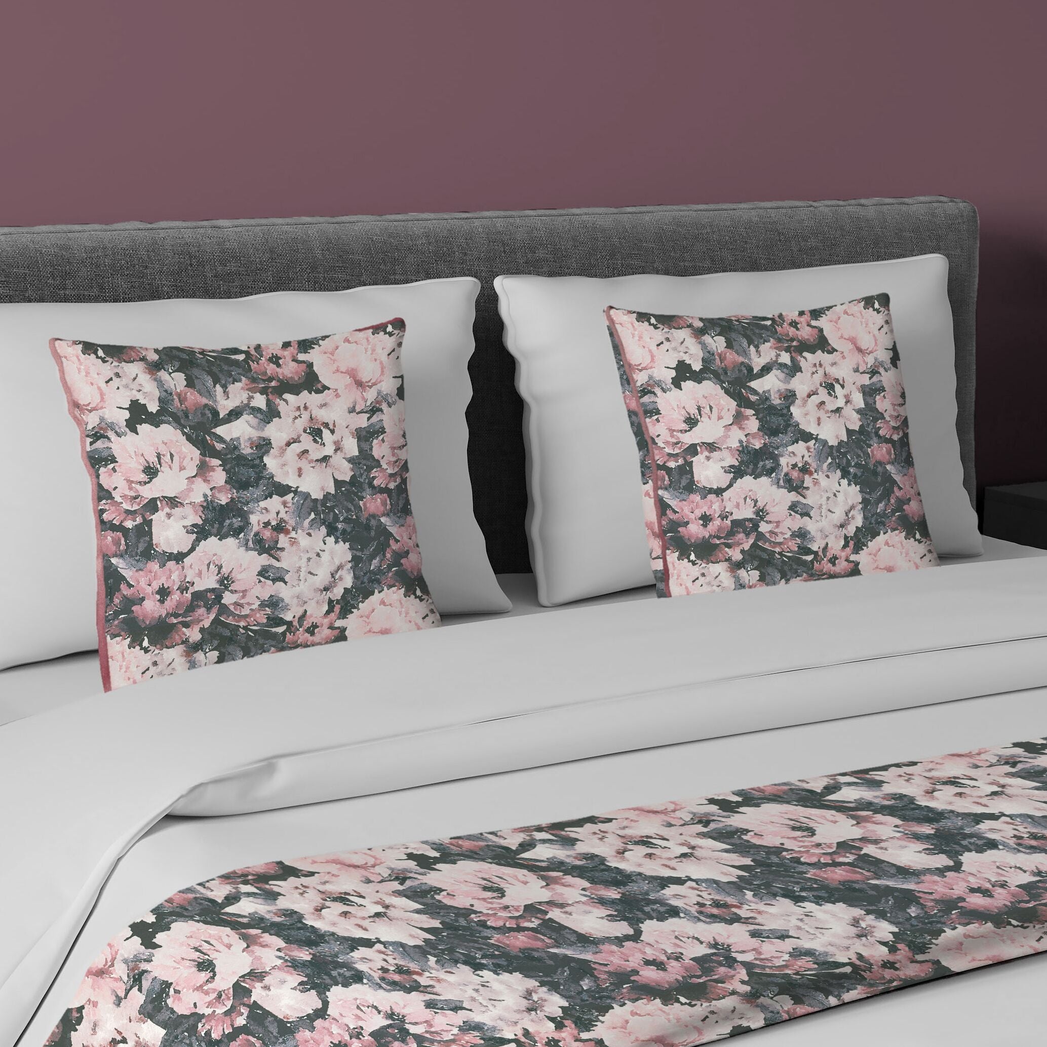 McAlister Textiles Camille Floral Pink & Grey Velvet Bedding Set Bedding Set Runner (50x240cm) + 2x Cushion Covers 