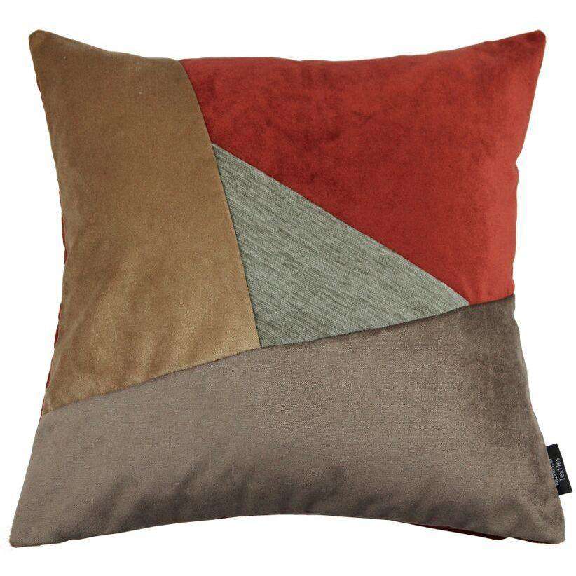 McAlister Textiles Triangle Patchwork Velvet Brown, Gold + Red Cushion Cushions and Covers Cover Only 43cm x 43cm 