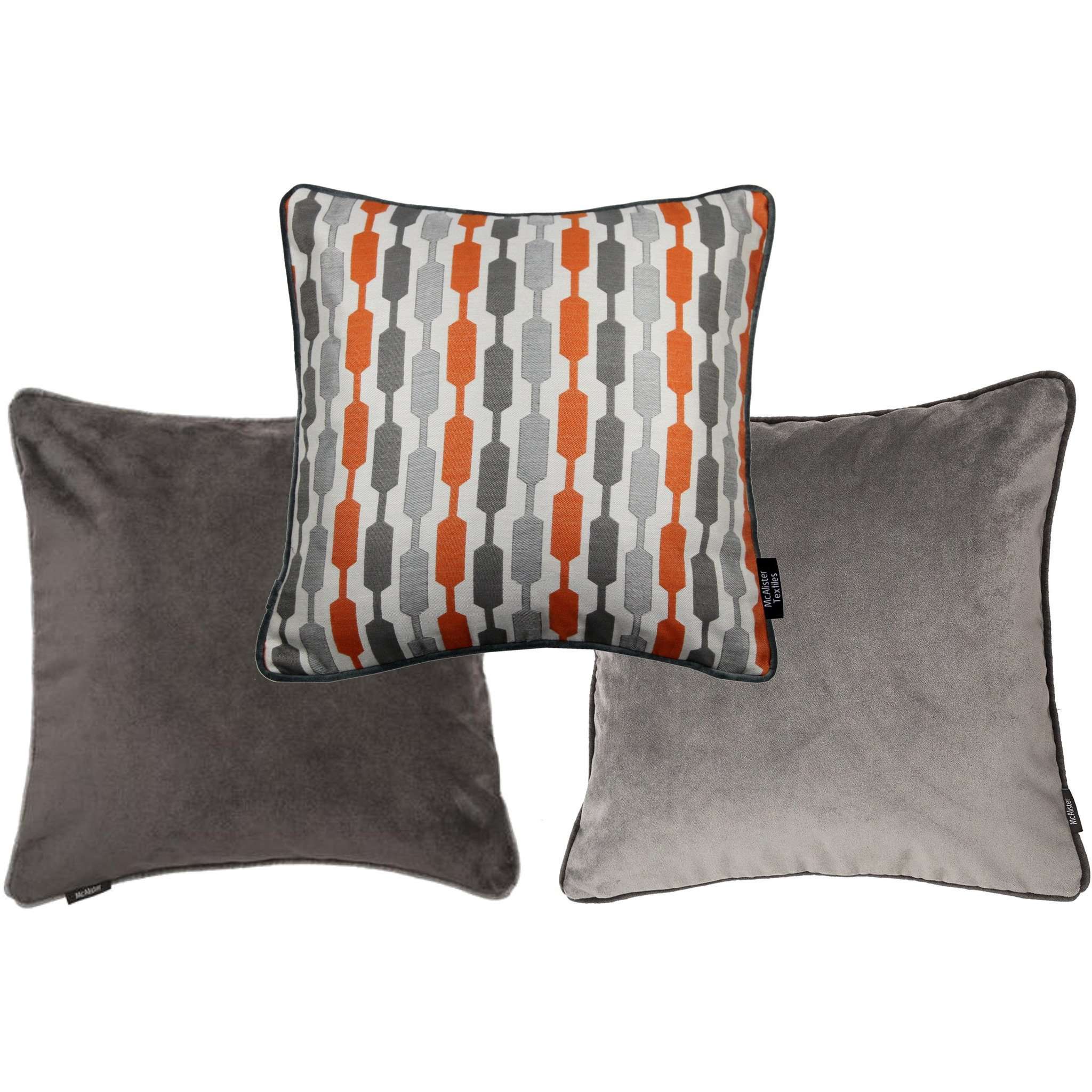 McAlister Textiles Lotta + Plain Velvet 43cm x 43cm Cushion Set of 3 - Burnt Orange + Grey Cushions and Covers Cushion Cover 